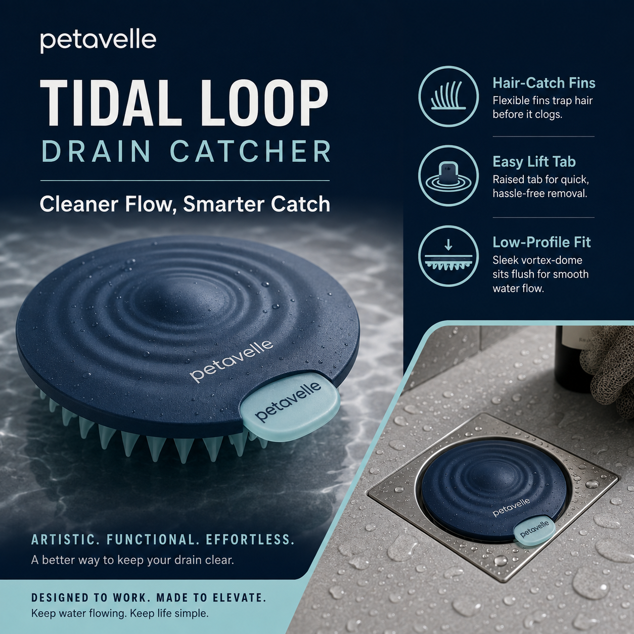 Petavelle™ Tidefin Low-Profile Drain Catcher